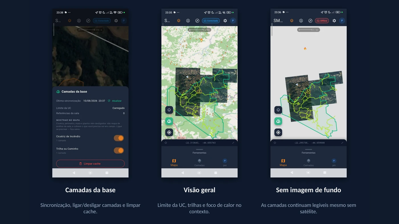 Três telas do aplicativo SMAIF Maps: camadas da base sincronizadas, limite da unidade com trilhas e foco de calor, e o mapa legível mesmo sem imagem de satélite
